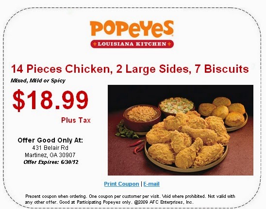 Coupons You May Also Like How to use a Popeye's coupon Popeye's chain restaurant offers promotional deals, printable coupons, and great newsletters on its website. The promotional section features information on the latest discounted items offered at the Popeye's menu. You can also print coupons that are specific to your local Popeye's location.
